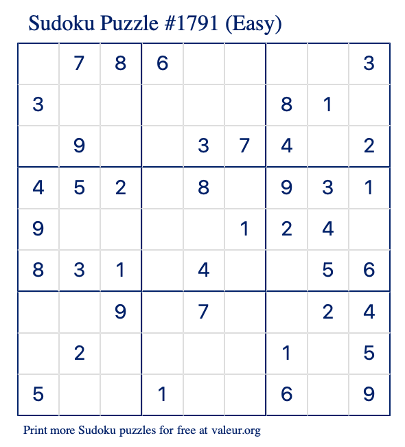Free Printable Easy Sudoku Puzzle number 1791
