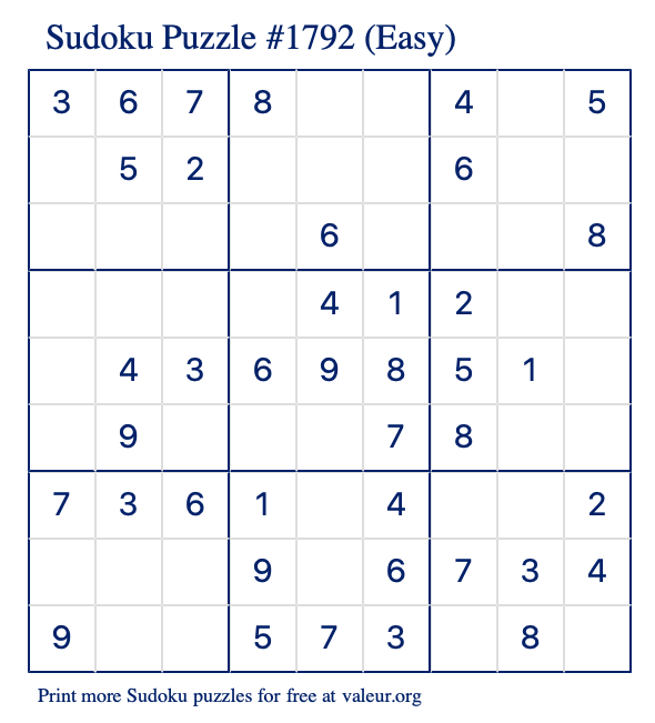 Free Printable Easy Sudoku Puzzle number 1792