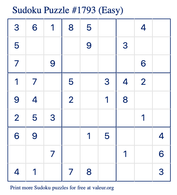 Free Printable Easy Sudoku Puzzle number 1793