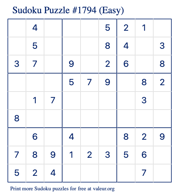 Free Printable Easy Sudoku Puzzle number 1794