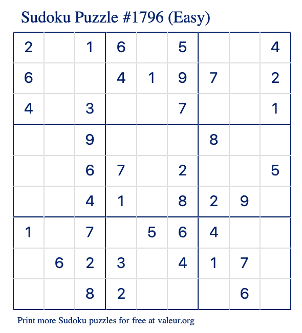 Free Printable Easy Sudoku Puzzle number 1796