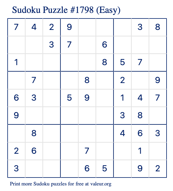 Free Printable Easy Sudoku Puzzle number 1798
