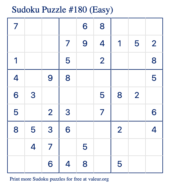 Free Printable Easy Sudoku Puzzle number 180