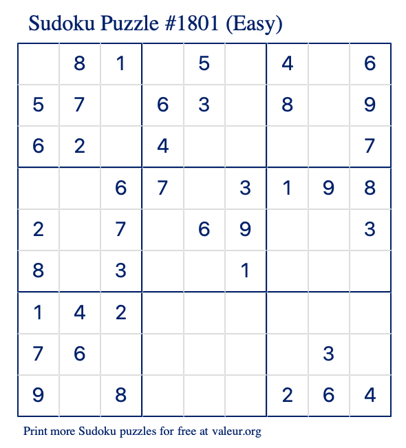 Free Printable Easy Sudoku Puzzle number 1801