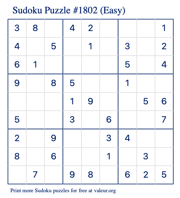 Free Printable Easy Sudoku Puzzle number 1802