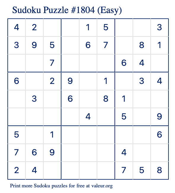 Free Printable Easy Sudoku Puzzle number 1804