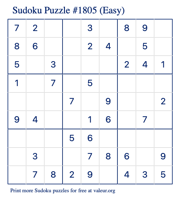 Free Printable Easy Sudoku Puzzle number 1805