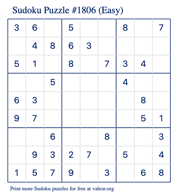 Free Printable Easy Sudoku Puzzle number 1806