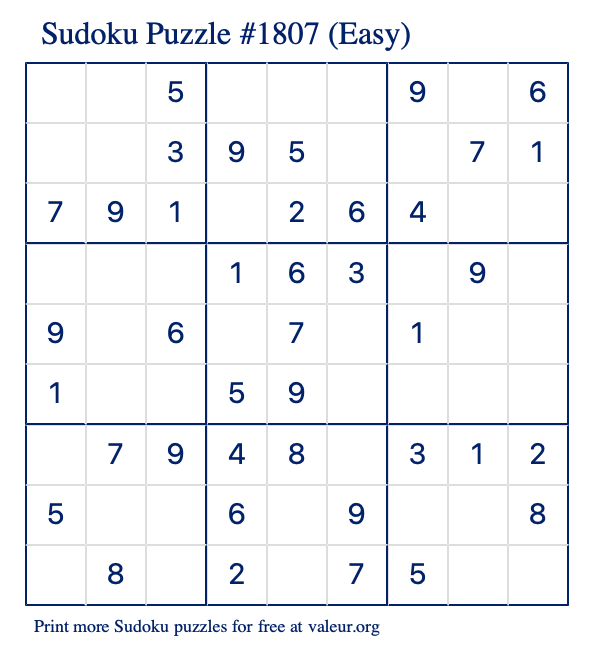 Free Printable Easy Sudoku Puzzle number 1807