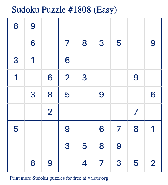 Free Printable Easy Sudoku Puzzle number 1808