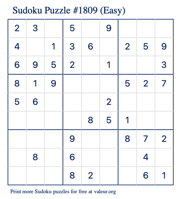 Free Printable Easy Sudoku Puzzle number 1809