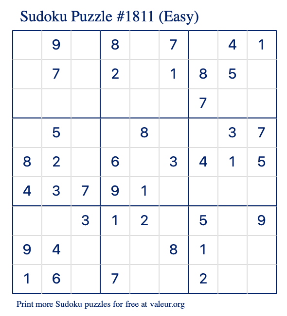 Free Printable Easy Sudoku Puzzle number 1811