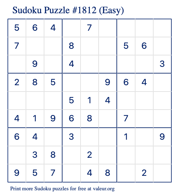 Free Printable Easy Sudoku Puzzle number 1812