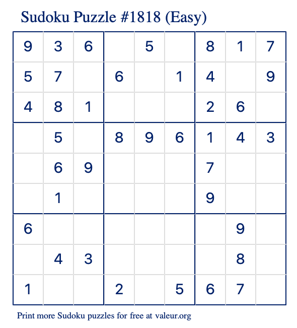 Free Printable Easy Sudoku Puzzle number 1818