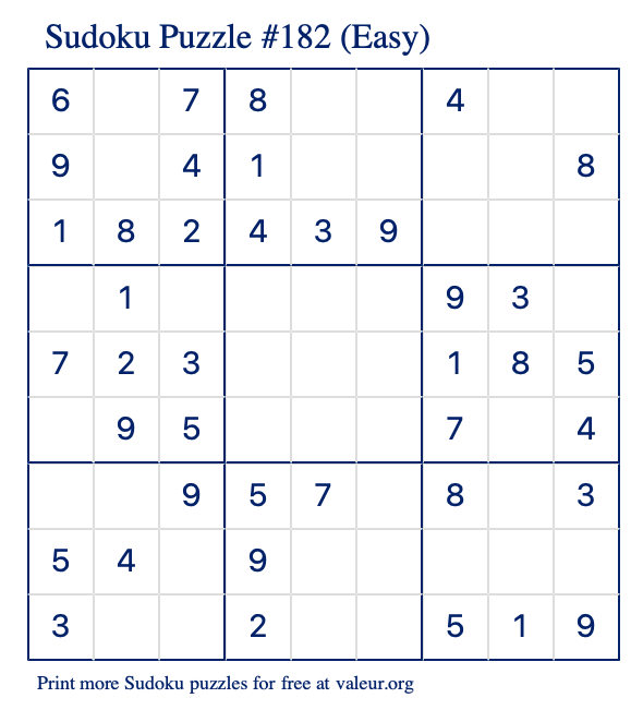 Free Printable Easy Sudoku Puzzle number 182