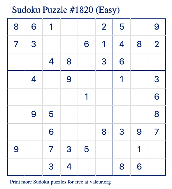 Free Printable Easy Sudoku Puzzle number 1820