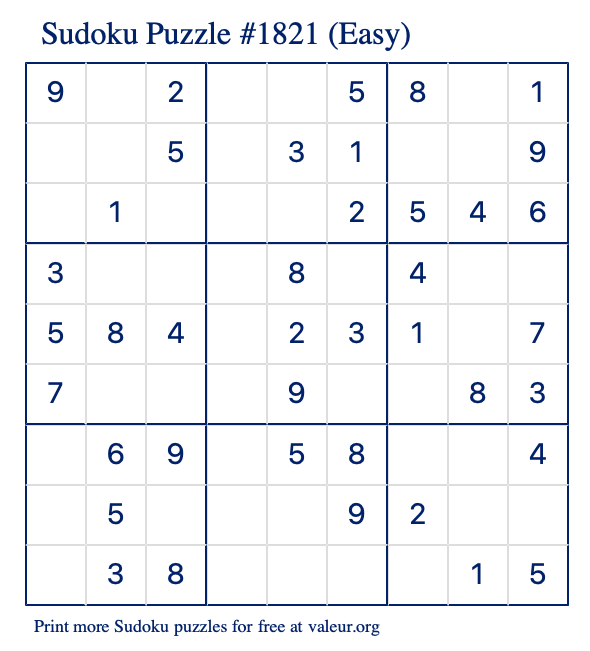 Free Printable Easy Sudoku Puzzle number 1821