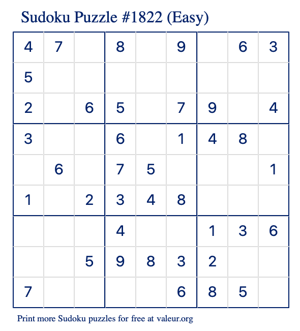 Free Printable Easy Sudoku Puzzle number 1822