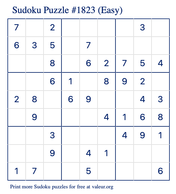 Free Printable Easy Sudoku Puzzle number 1823