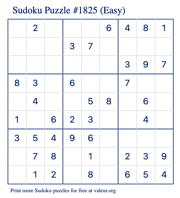 Free Printable Easy Sudoku Puzzle number 1825
