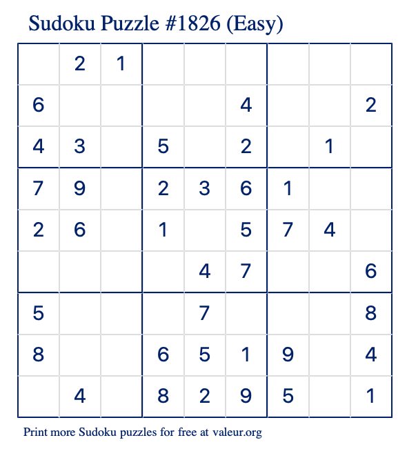 Free Printable Easy Sudoku Puzzle number 1826