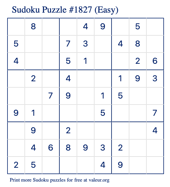 Free Printable Easy Sudoku Puzzle number 1827