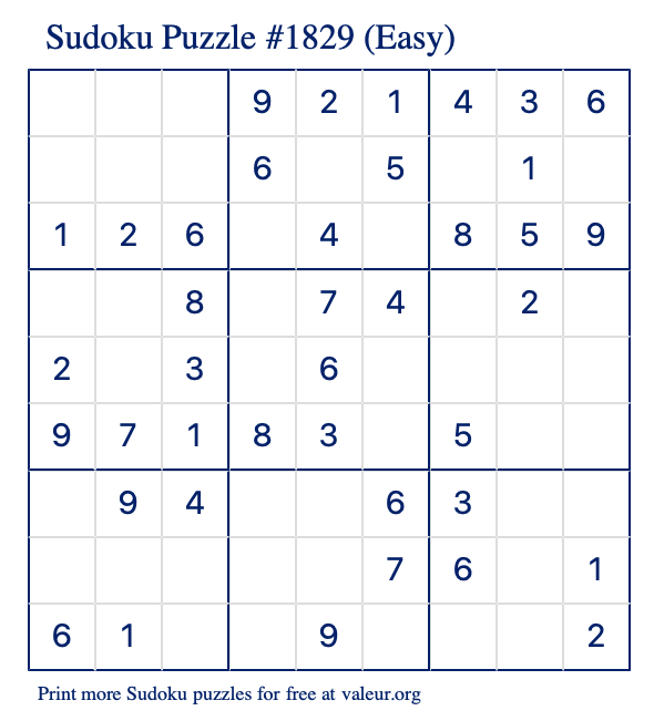 Free Printable Easy Sudoku Puzzle number 1829