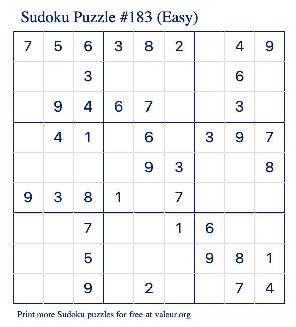 Free Printable Easy Sudoku Puzzle number 183