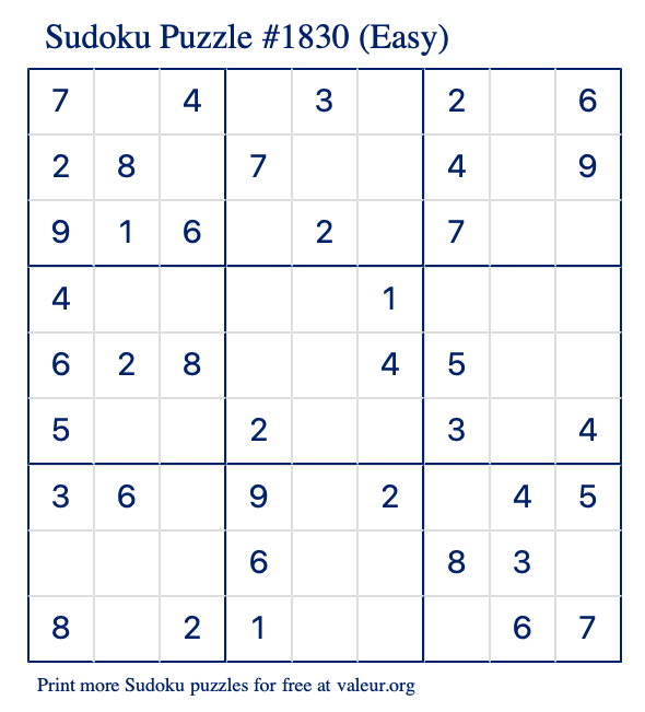 Free Printable Easy Sudoku Puzzle number 1830