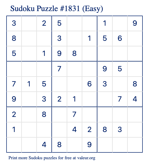 Free Printable Easy Sudoku Puzzle number 1831