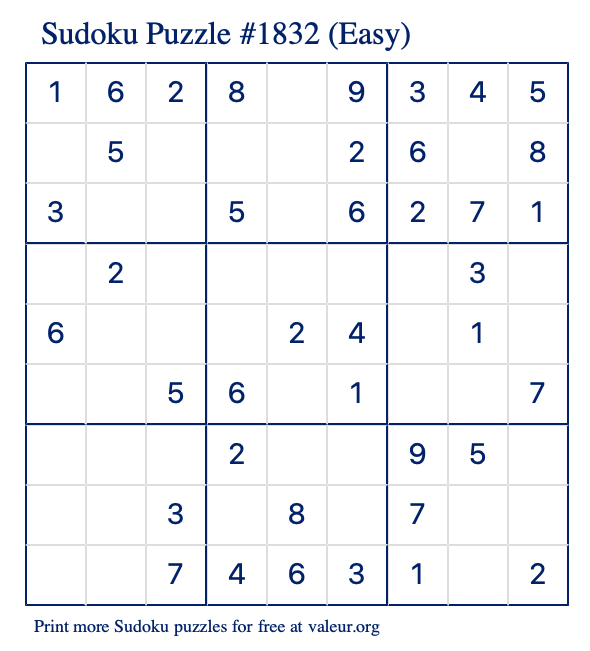 Free Printable Easy Sudoku Puzzle number 1832