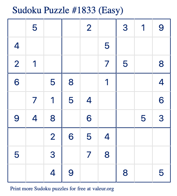 Free Printable Easy Sudoku Puzzle number 1833