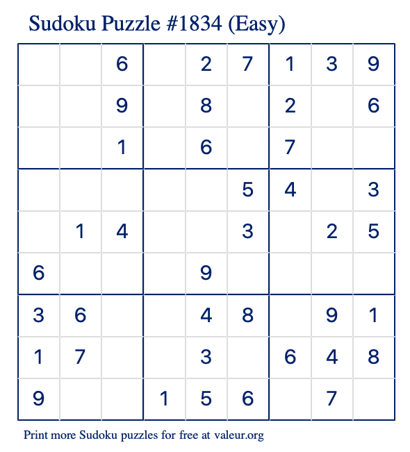Free Printable Easy Sudoku Puzzle number 1834