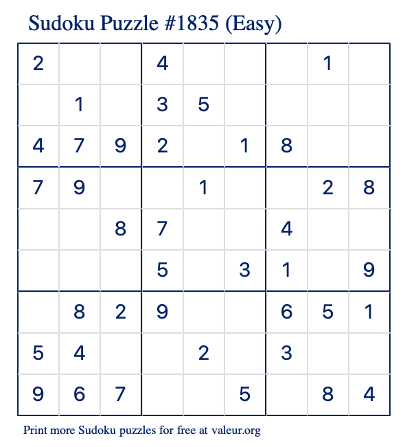 Free Printable Easy Sudoku Puzzle number 1835