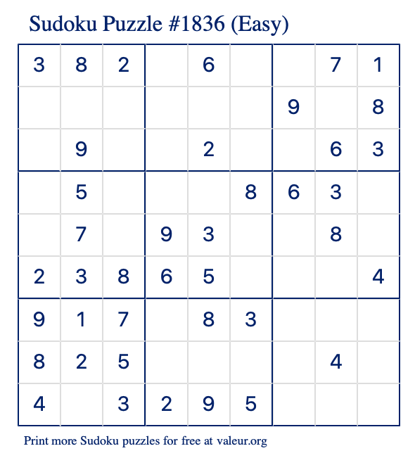 Free Printable Easy Sudoku Puzzle number 1836