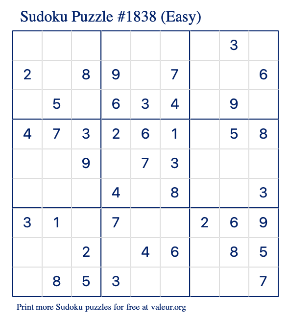Free Printable Easy Sudoku Puzzle number 1838