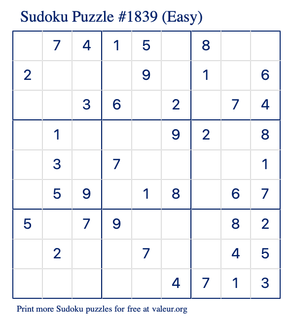 Free Printable Easy Sudoku Puzzle number 1839