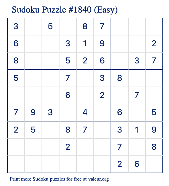 Free Printable Easy Sudoku Puzzle number 1840