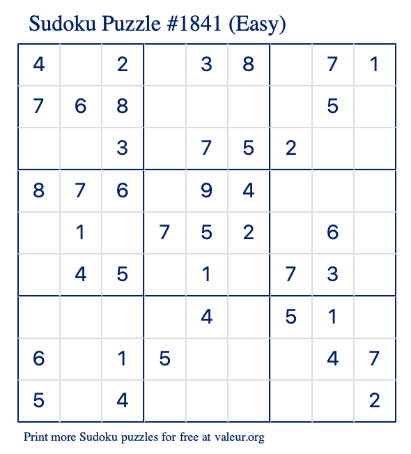 Free Printable Easy Sudoku Puzzle number 1841