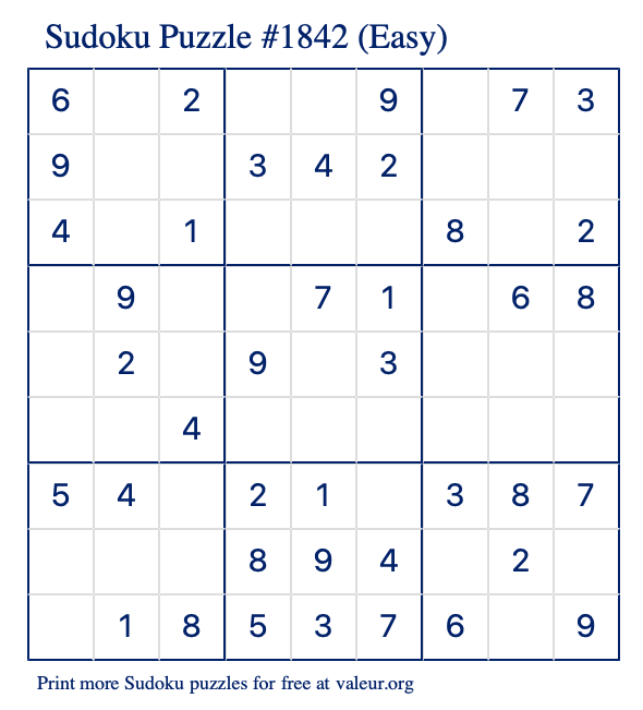 Free Printable Easy Sudoku Puzzle number 1842