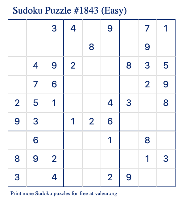 Free Printable Easy Sudoku Puzzle number 1843