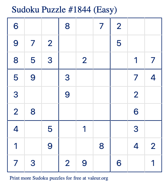 Free Printable Easy Sudoku Puzzle number 1844