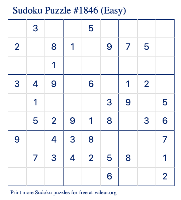 Free Printable Easy Sudoku Puzzle number 1846