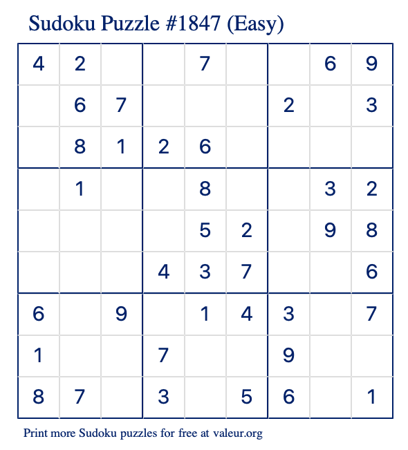 Free Printable Easy Sudoku Puzzle number 1847