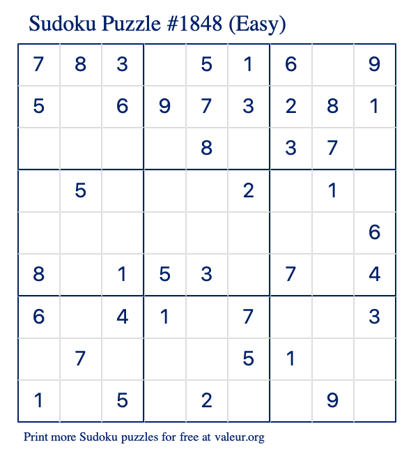 Free Printable Easy Sudoku Puzzle number 1848