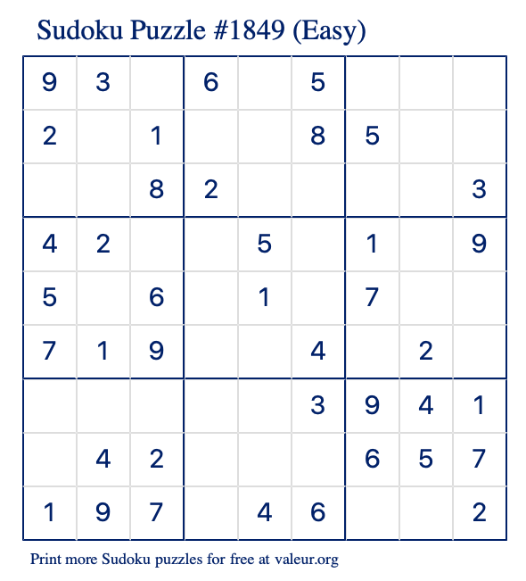 Free Printable Easy Sudoku Puzzle number 1849