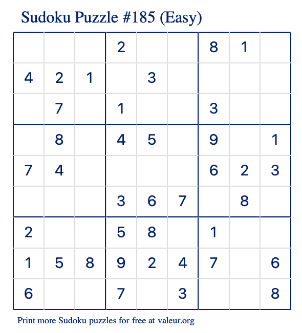 Free Printable Easy Sudoku Puzzle number 185