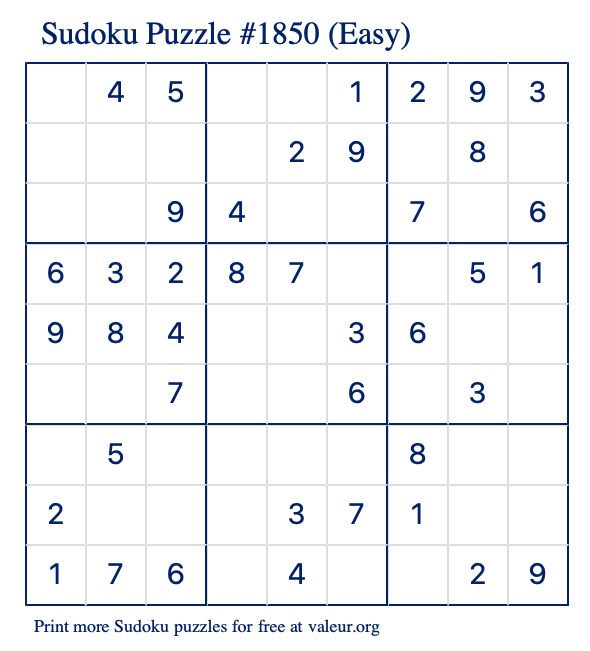 Free Printable Easy Sudoku Puzzle number 1850
