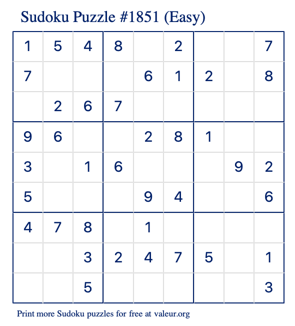 Free Printable Easy Sudoku Puzzle number 1851