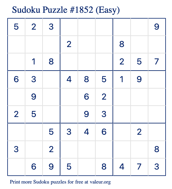 Free Printable Easy Sudoku Puzzle number 1852